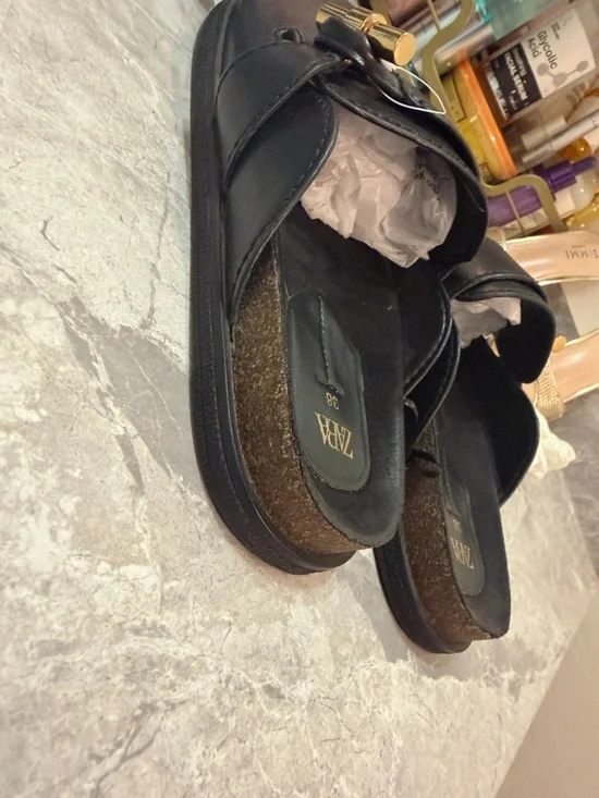 Zara Black Leather Slip-On Mules with Gold Bamboo Buckle - Picture 4 of 6